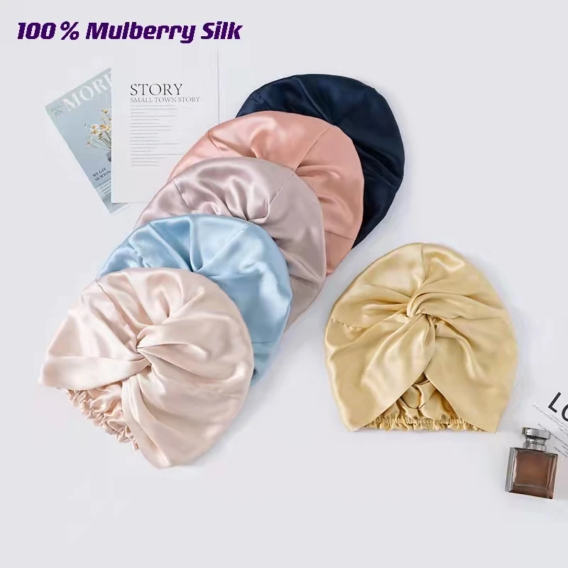 100 Mulberry Silk Turban Bonnets For Women Twisted Sleeping Night Cap 19 Momme Pure Silk Hair Wrap Cap For Curly Ladies Headwrap 3