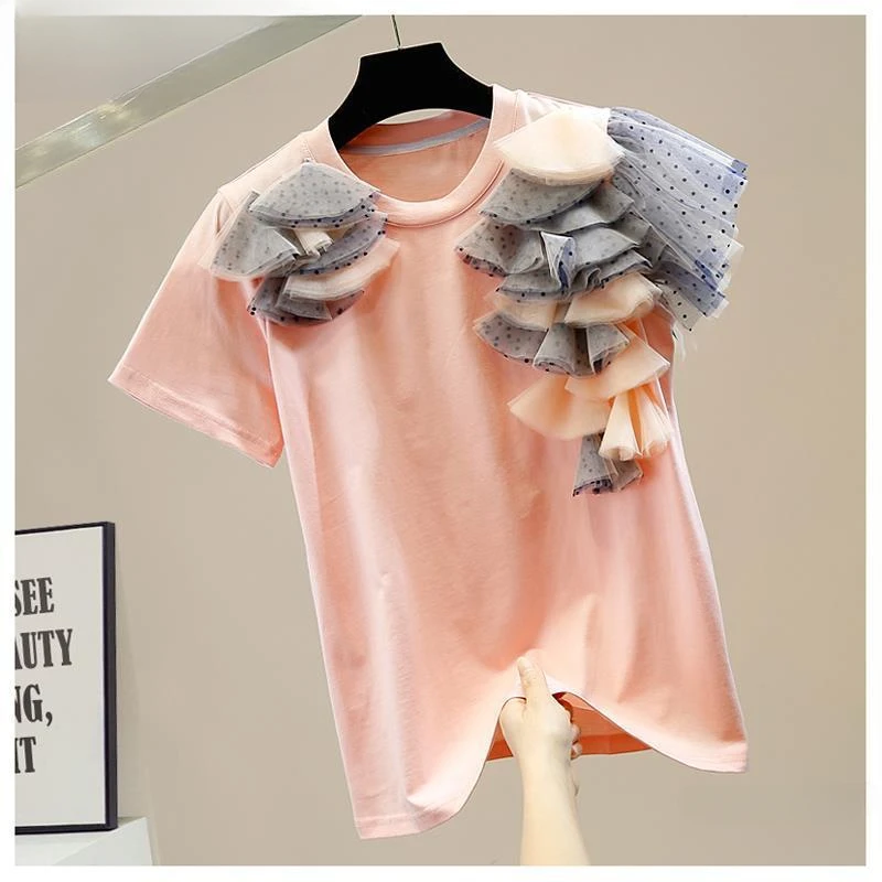 

Spring Summer Three-Dimensional Dot Mesh Stitching O Neck Short-Sleeved T-shirt Women's All-Matching Elegance Pink Top Cotton