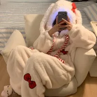 Sweet and Cute Bow Rabbit One-piece Pajamas Women's Winter New Fleece Thickened Coral Fleece Large Size Loungewear Sleepwear - Image 2