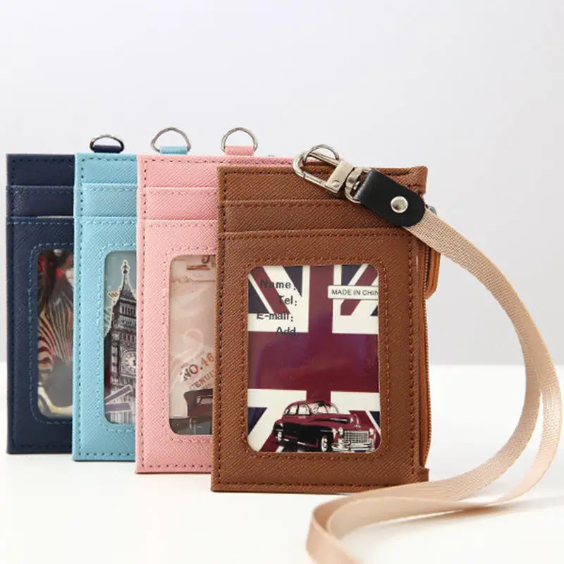 Card Holder with Lanyard PU Leather Card Cover for Women Men Bank Name Credit Card Holders Neck Strap Card Bus ID Holders