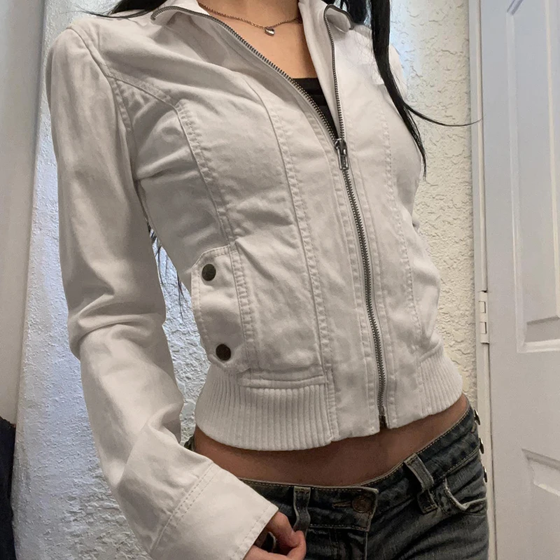 Abrigo con cremallera retro americano de invierno Y2K, chaqueta minimalista lisa de corte entallado con bolsillo, atuendo informal grunge para mujer