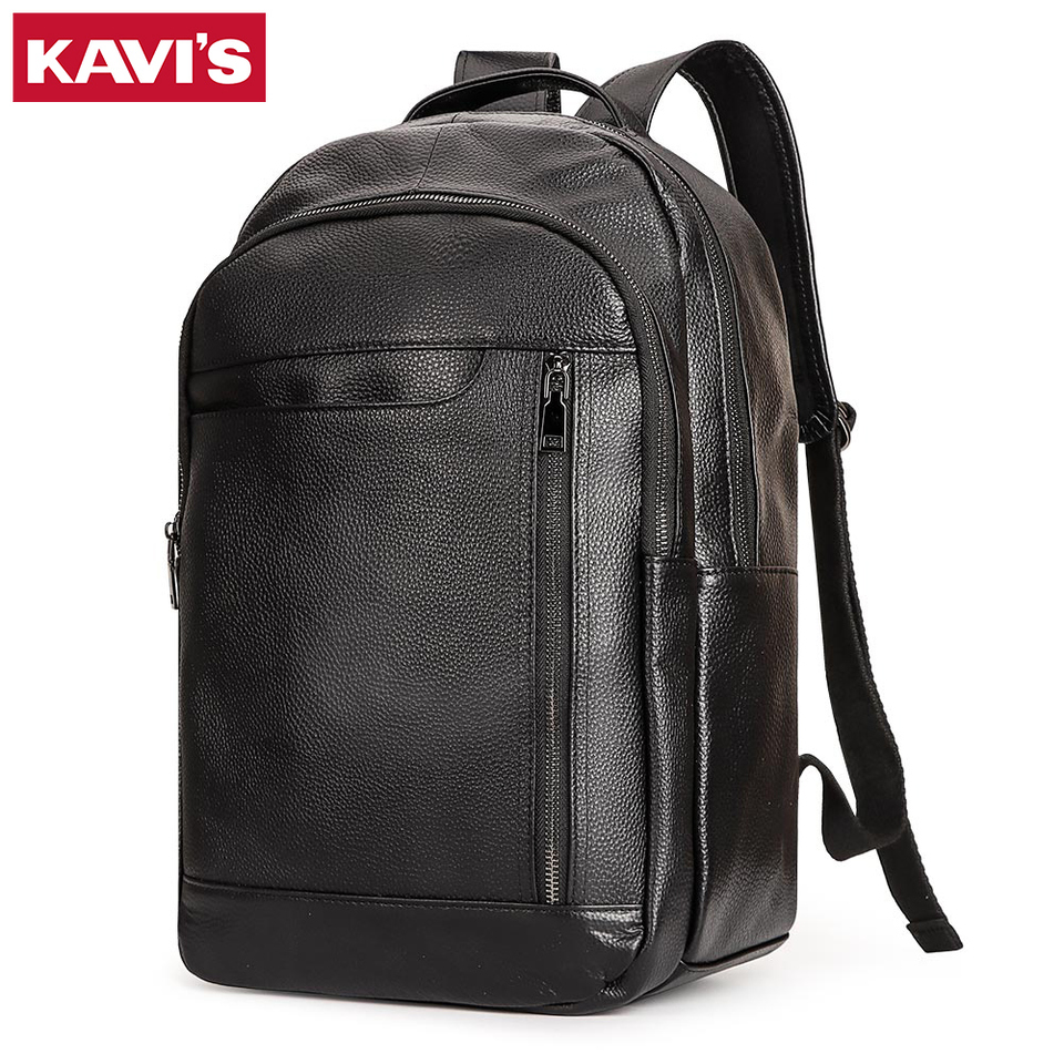 KAVIS Genuine Leather Fashion Backpack Laptop Men Luxurious Bagpack Student High Quality School Bag Durable Knapsack Black