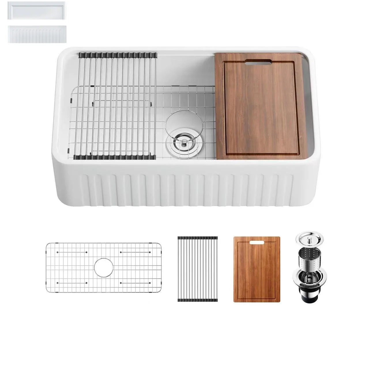 Single Bowl Farmhouse Kitchen Sink ,Ceramic with Cutting Board ,Grid & Strainer-White 24/33 Inch