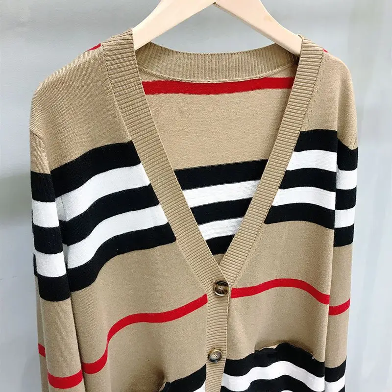 Spring and autumn classic striped color matching V-neck long knit cardigan loose sweater coat Joker.