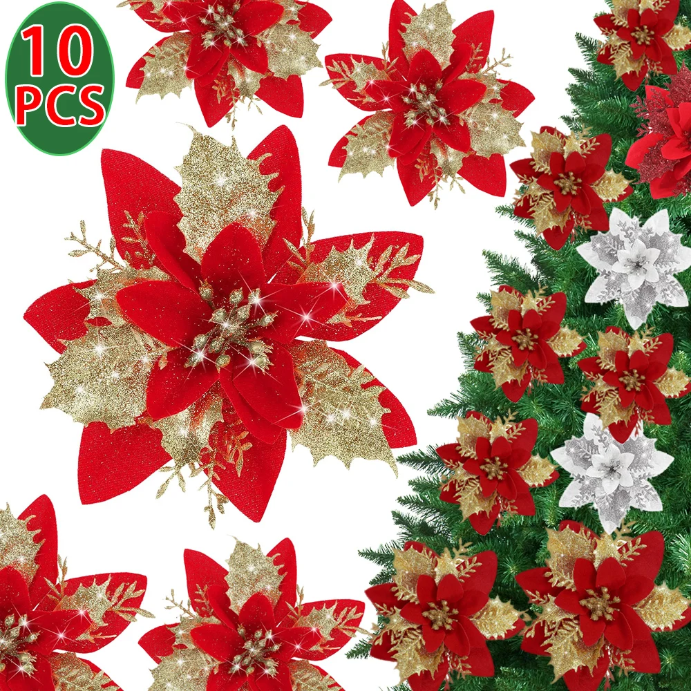 105PCSChristmasArtificialFlowersRedGoldGlitterFlowerHeadsDIY