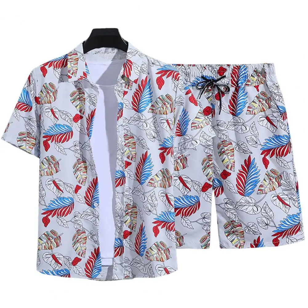 

Men Two-piece Outfit Men Leisurewear Set Hawaiian Style Pineapple Print Shirt Shorts Set with Elastic Drawstring Waist for Men