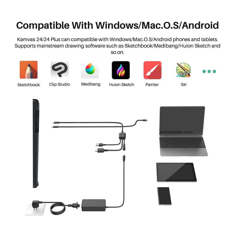 HUION-Kamvas 24 Plus 펜 디스플레이 태블릿 모니터, 23.8 인치 디지털 그래픽 드로잉 모니터, 8192 레벨 배터리 없는 펜