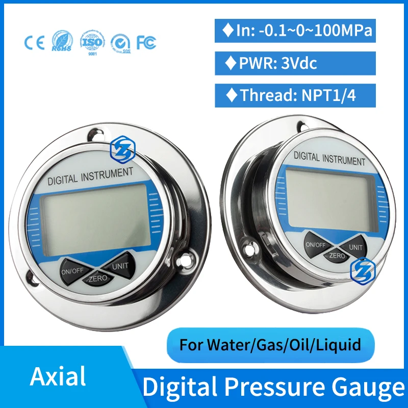 

100mm Digital Pressure Manometer Gauge LCD Display mpa bar psi kgf/cm2 Air Oil Liquid Pressure Gauge Axial NPT1/4 Back Mounting