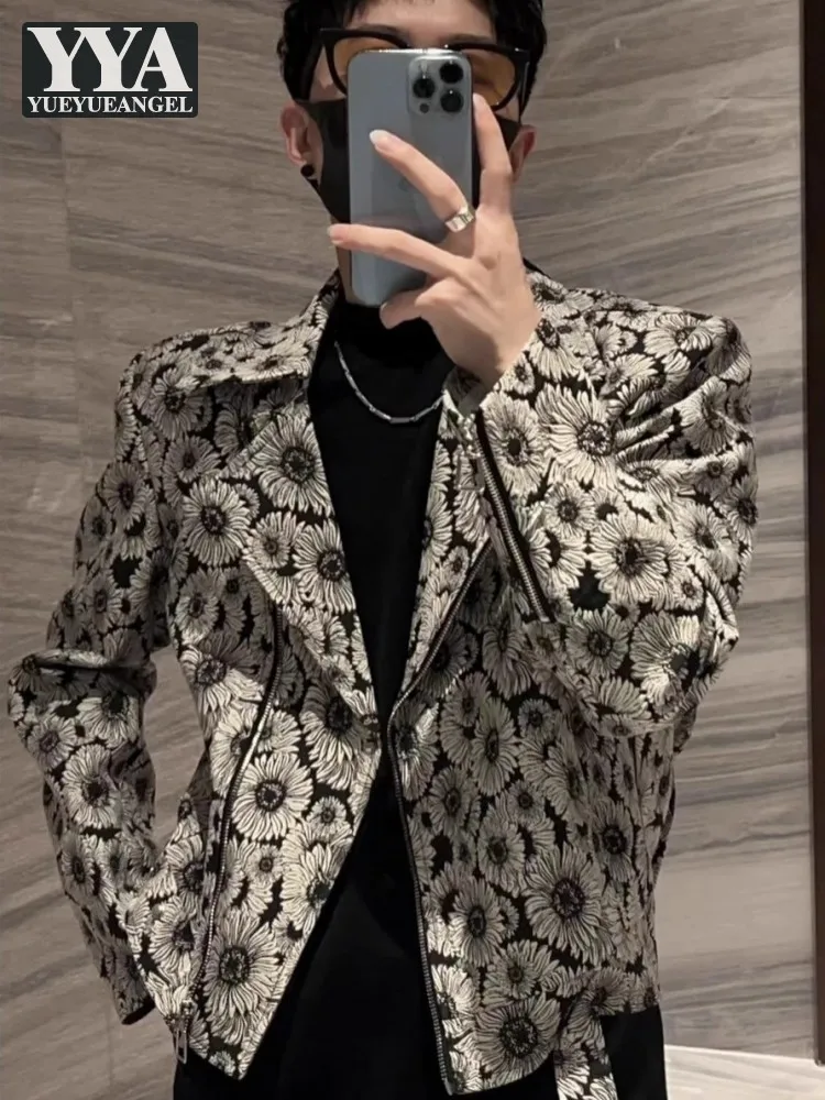 

Fashion Mens Design Floral Printed Jacket Long Sleeve Zipper Vintage Short Coat Slim Fit Spring Autumn Casual Outerwear Male