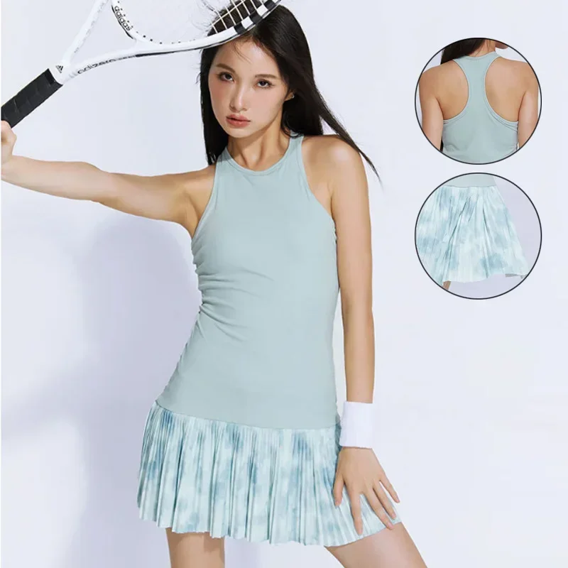 Female One-piece Sports Dress Slim Printed Tennis Suit High Waist Tennis Mini Dress for Women Outdoor Gradient Fitness Skirt