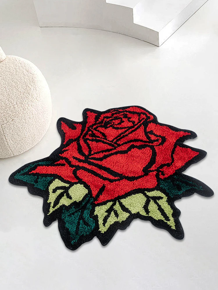 

Red Rose Floral Tufted Rug for Living Room Bedroom Fluffy Bath Mat Plant Flower Art Area Rug Home Decor Irregular Floor Mat