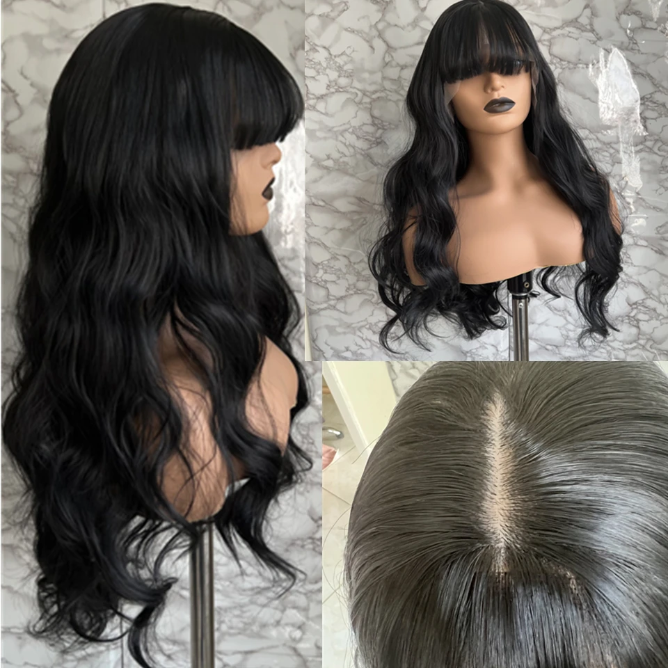 Long Body Wave Synthetic Lace Front Wigs Black Color Silk Base Lace Wig With Bang for Black Women Heat Resistant 4x4 Real Scalp