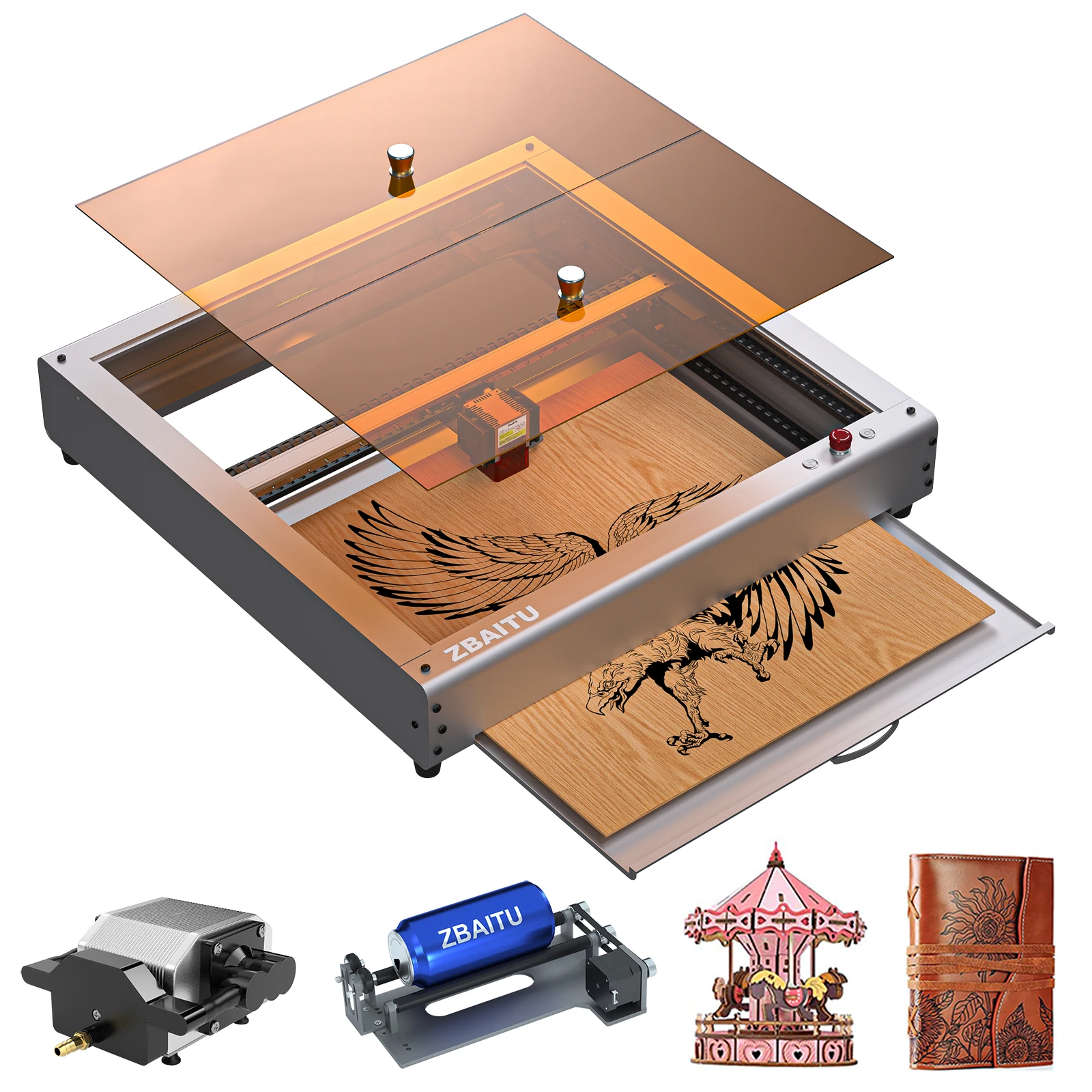 

ZBAITU Z40 Laser Engraver Cutter Machines with Box Cover, Drawer, Pump, Smoke Filter, 20W/130W Higher Power Lazer