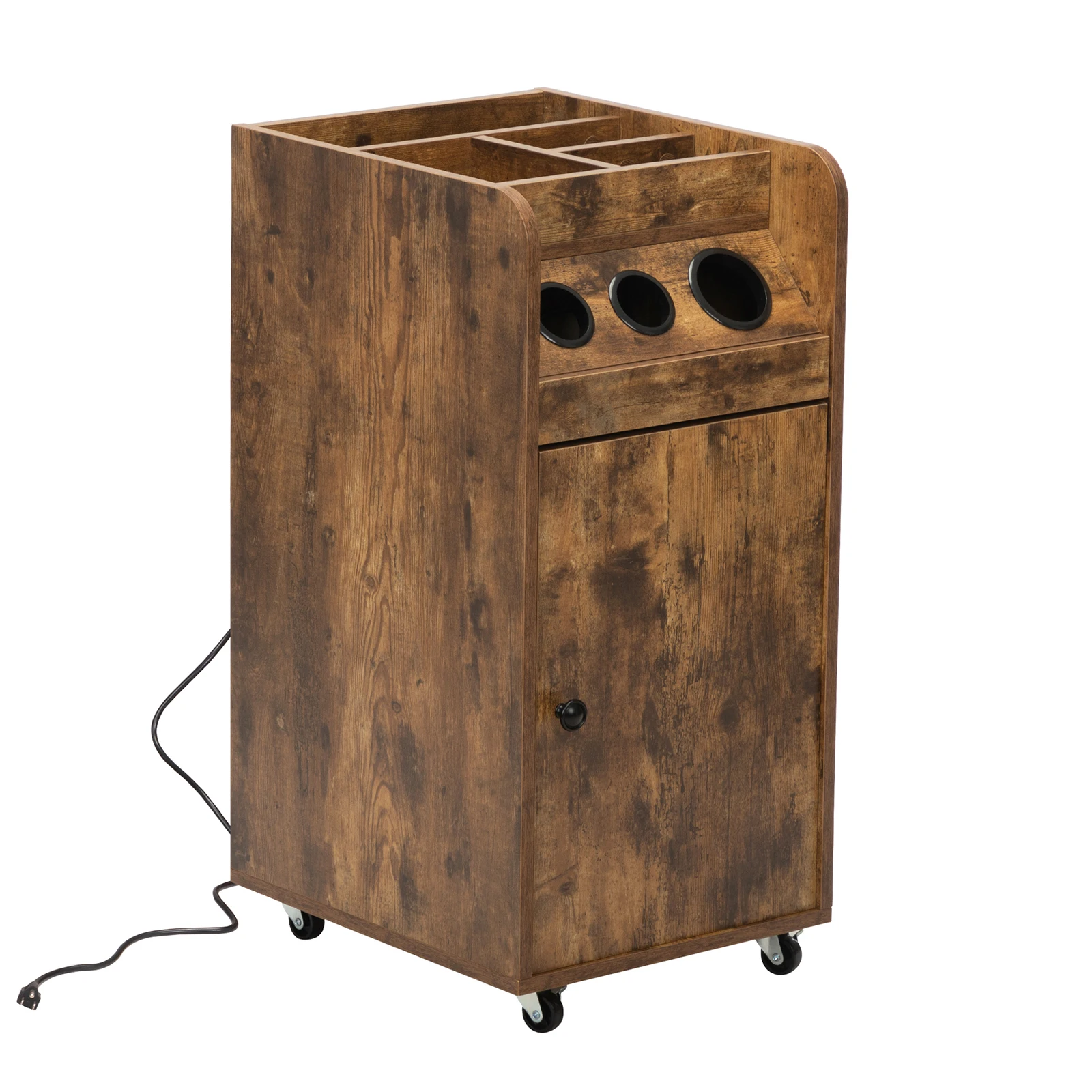 Beauty Salon Trolley, Hair-dressing Tool Storage Cart with Hair Dryer Holders and Power Strip Rustic Brown