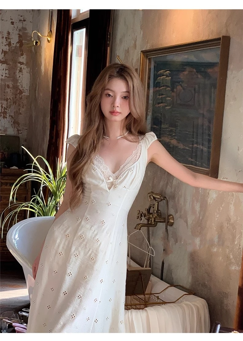 New Summer Hollow Out Midi Dress Women V-neck Vocation French Style White Dress Elegant Casual Korean Fashion Slim Vestidos 2025