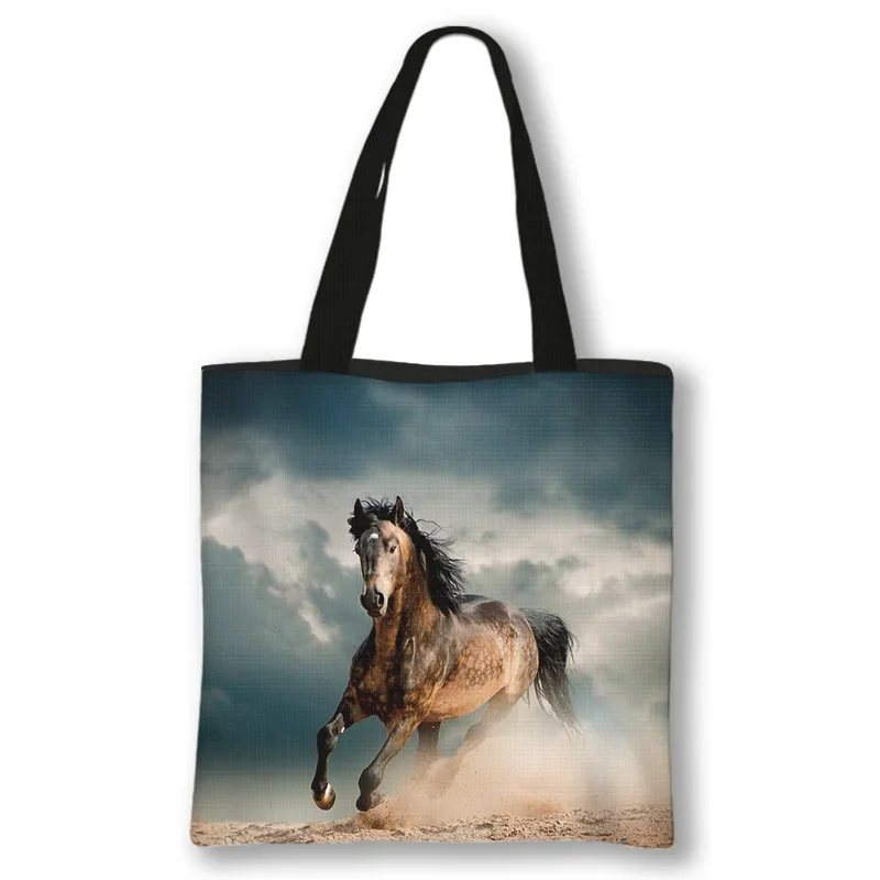 Elegant Horse Pattern Shopping Bags Women For Travel Handbags Canvas High-capacity Shoulder Bag Casual Totes Bags Gift 2