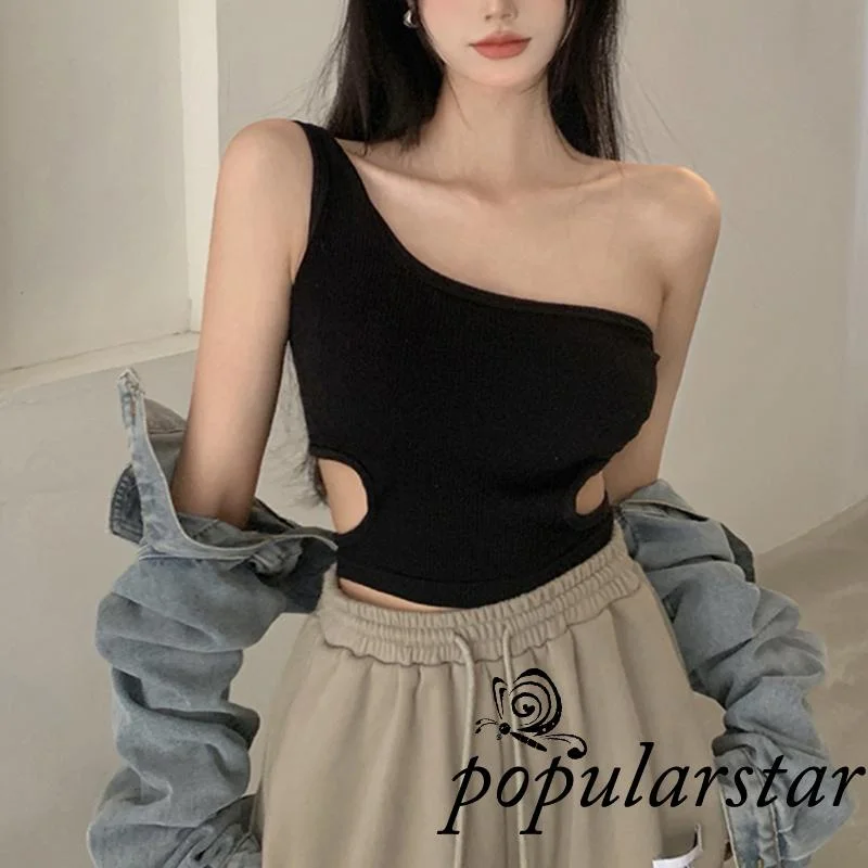 

Popu-Women One Shoulder Crop Tops Ribbed Solid Color Cutout Waist Slim Fit Sleeveless Camisole