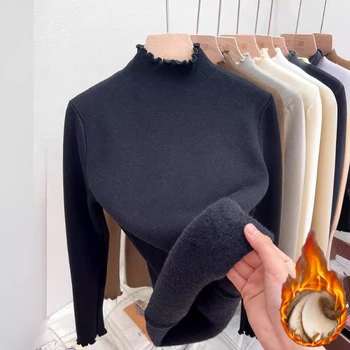 Women's Autumn Winter Slim Warm Ruched Knitted Tops New Fleece Lined Thick Turtleneck Sweaters Solid Color Casual Soft Pullover