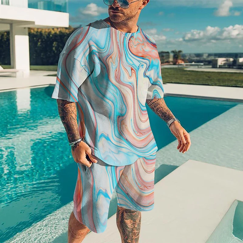 Summer Men's Short Sleeve Two Piece 3D Printed Harajuku T-Shirt Men's T-Shirt Shorts Set O-Neck Sportswear Streetwear