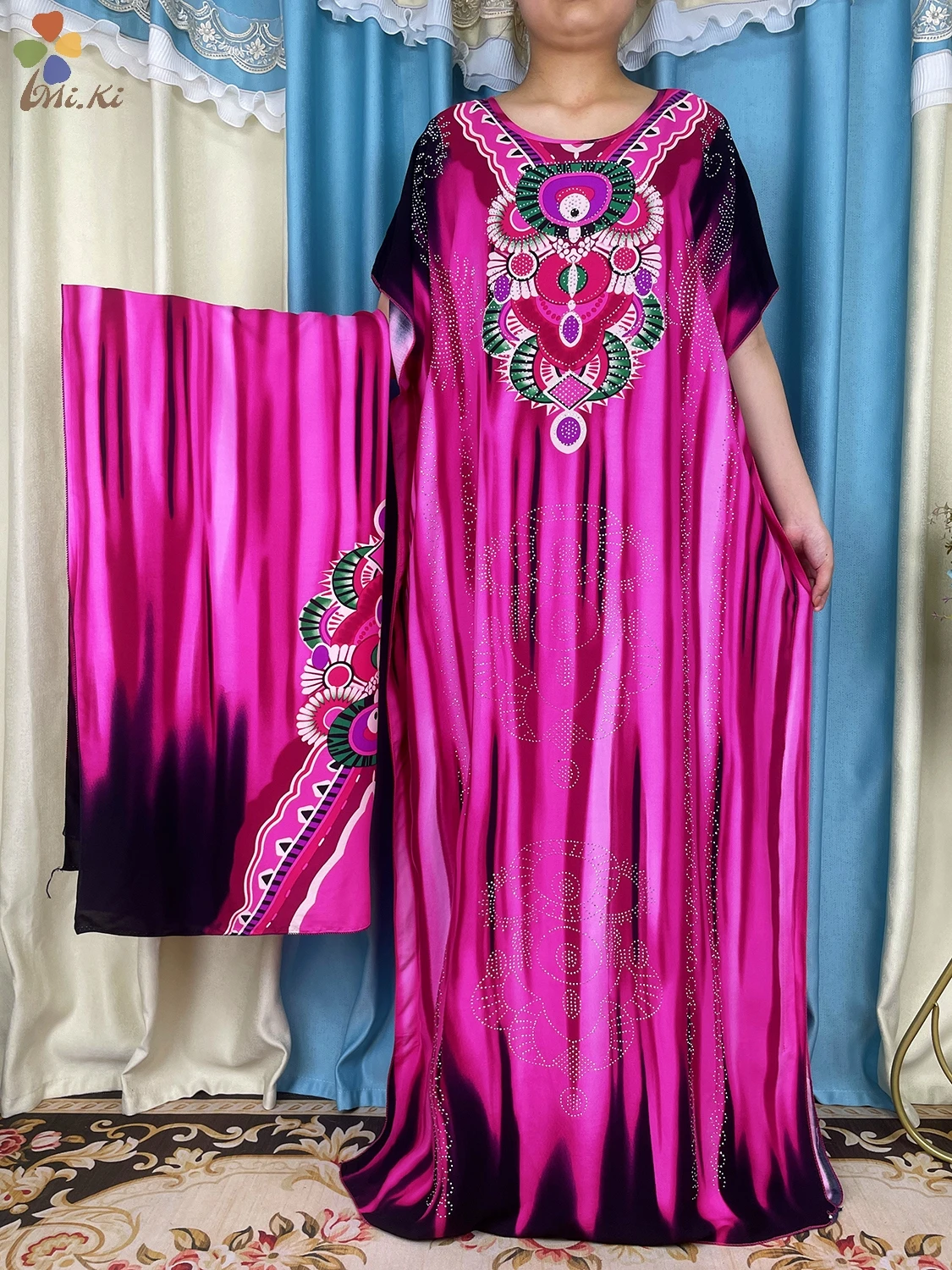 2024 New African Abaya Women Short Sleeved Dress Tie Dyed Diamond Scarf Dress Dubai Maxi Loose Fitting Dress Islamic Clothing