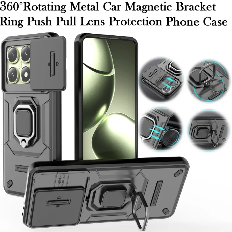 360° Rotating Metal Car Bracket Ring Phone Case with Push-Pull Lens Protection