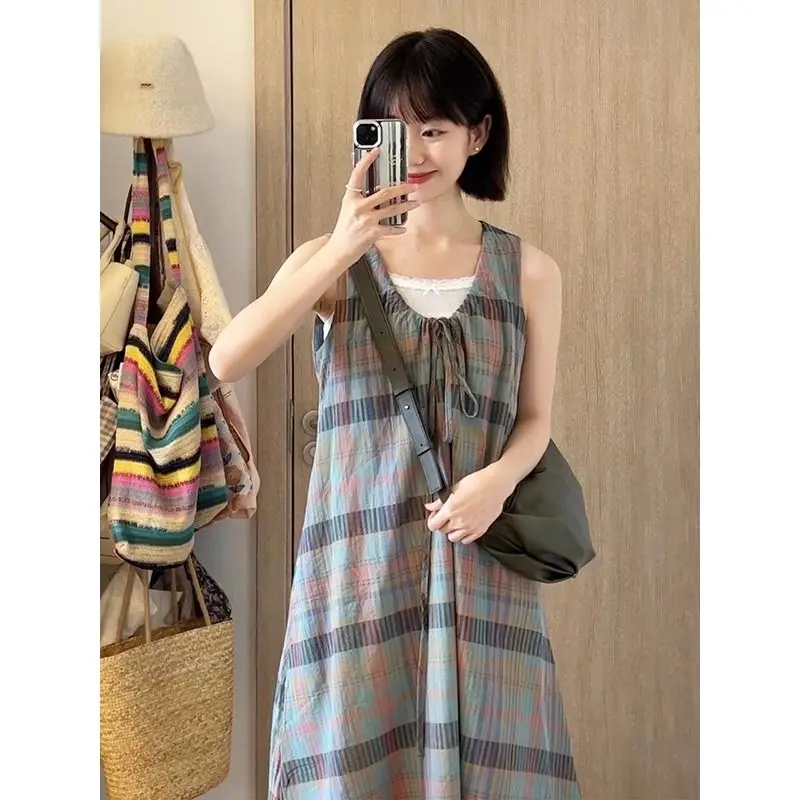 

Retro Sleeveless Plaid Vest Dress Summer New Loose and Slimming Temperament Long Dress Women's Lazy Style High-end Feeling