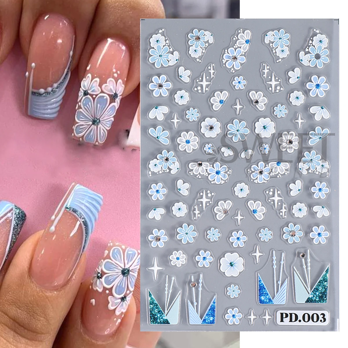 1/3pcs French Simple Painting Flower Nail Art Sticker With Rhinestone Glitter Oblique French Line Geometry Decals Manicure Foils