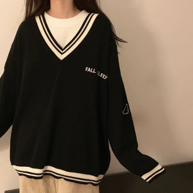 

Women's sweater T shirts Knit Pullovers 2023 Women autumn clothing Vintage Sweater Oversized V-neck Daily Casual Y2k Sweater Top