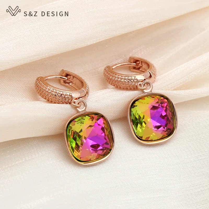 S&Z DESIGN New Fashion Colorful Square Crystal Dangle Earrings For Women Wedding Jewelry Gift 585 Rose Gold Color Eardrop