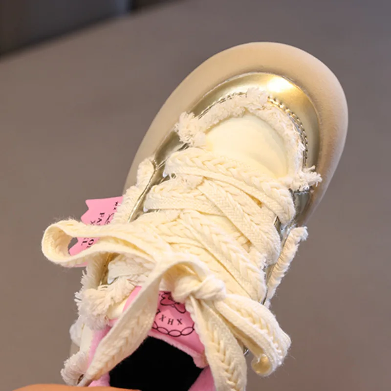 Design Tassel Girls Casual Shoes Winter PU Short Plush Warm Children Sneakers Fashion Lace Up Anti Slip Kids Sport Shoes