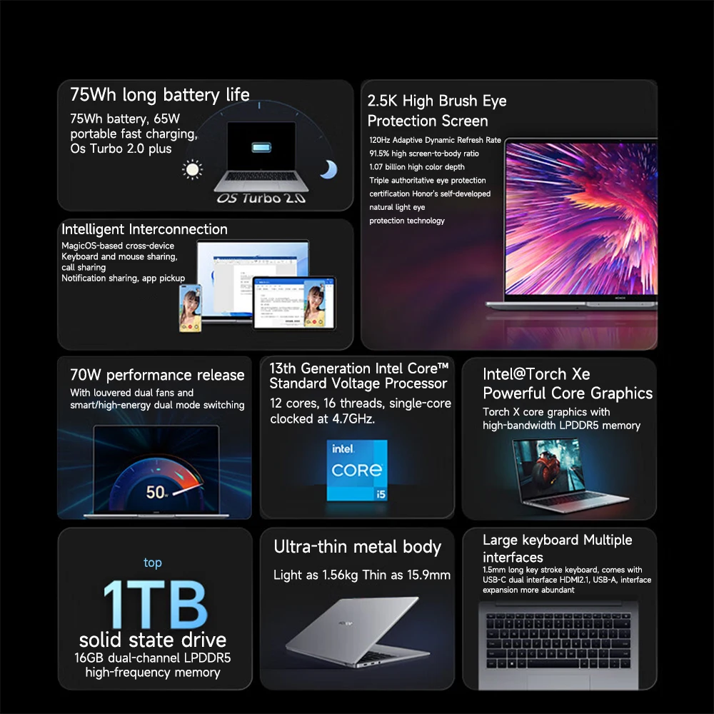 Honor MagicBook14 Pro 고성능 얇고 가벼운 노트북, 14.2 인치 2023, 13 세대 코어 i5, 13500H, 16G, 1TB, 2TB, RTX3050, 2.5K, 120Hz