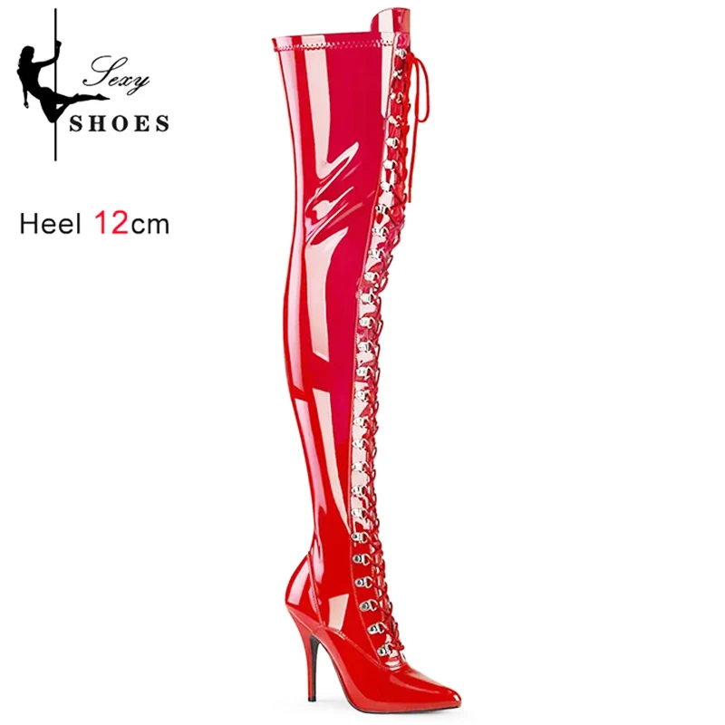Over-the-Knee Women's Luxury Brand Leather Long Shoes Side Zipper Pointed Toe Black Stiletto Cross Thigh High Boots Plus Size 46