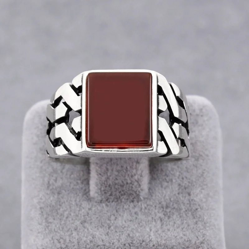 Fashion Men's Black Red Square Drop Glaze Hollow Ring Silver Vintage Punk Bike Party Jewelry