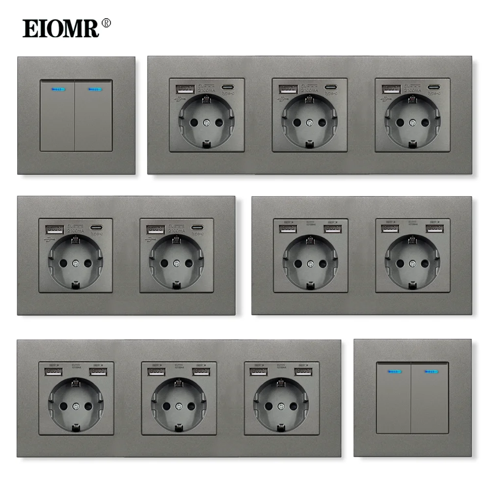 Eiomr-eu Tomada Padrão com Interruptor Tomada Múltipla Parede Incorporada Tomada de Energia Usb tipo c Tomada Quarto ac 110v250v 16a