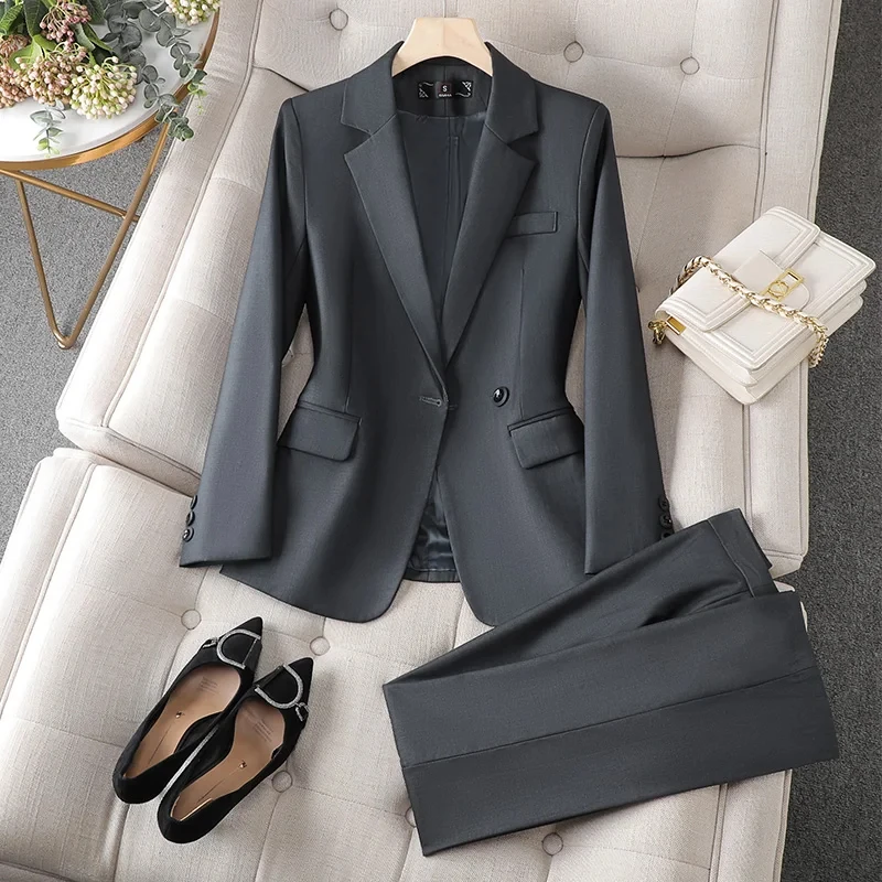 Gray Suits Women Black Blue Temerament Professional Single Button Office Ladies Slim Blazer Pants Sets Work Wear Female Clothing