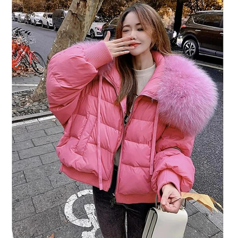 Women Thickened Short Coats Winter Oversized Raccoon Fur Collar White Duck Down Jackets Hooded 2023 Loose Street Trendy Clothing