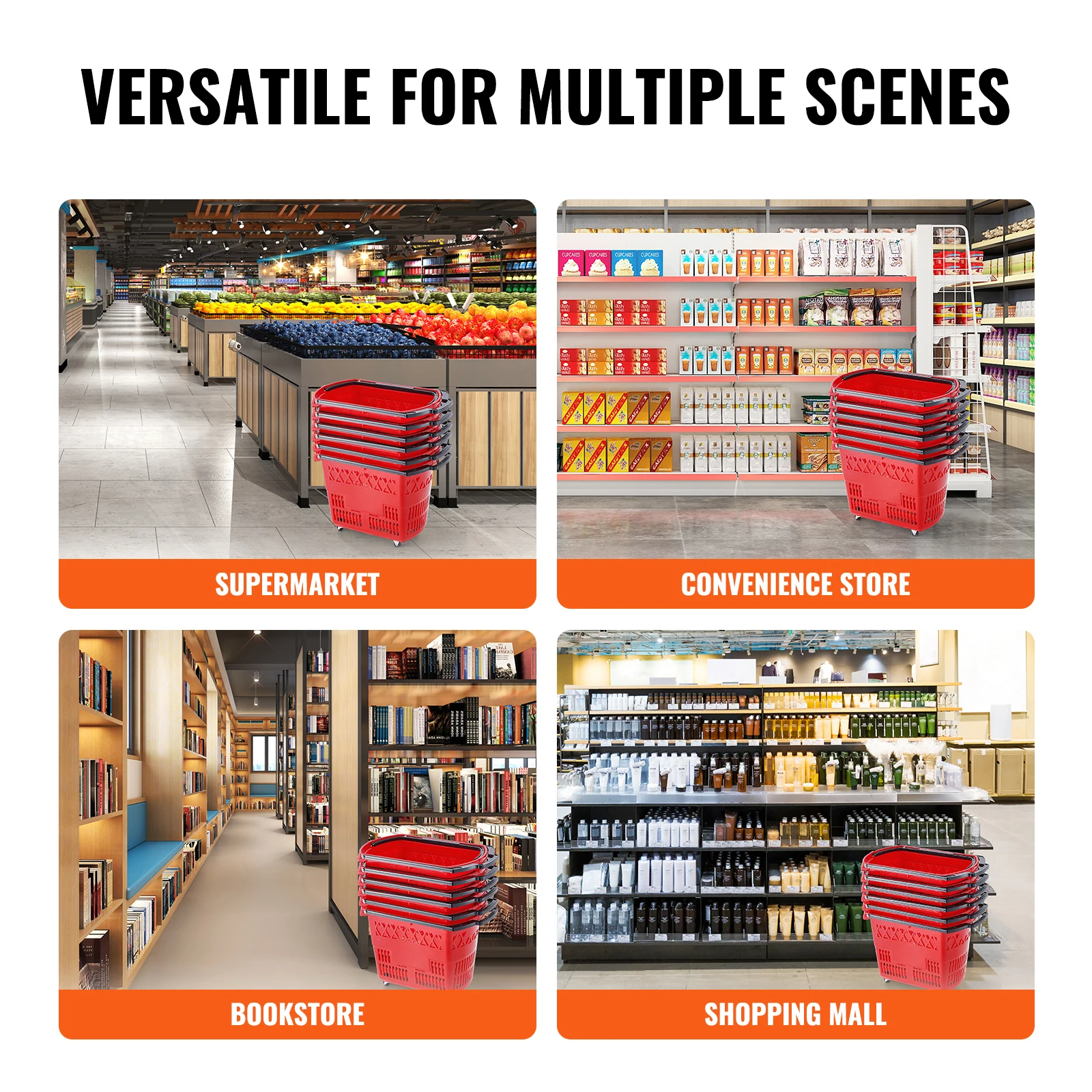 SucceBuy 6PCS Shopping Baskets 39L Rolling Shopping Carts with Handles & Wheels Portable  for Supermarkets Retail Stores Grocery