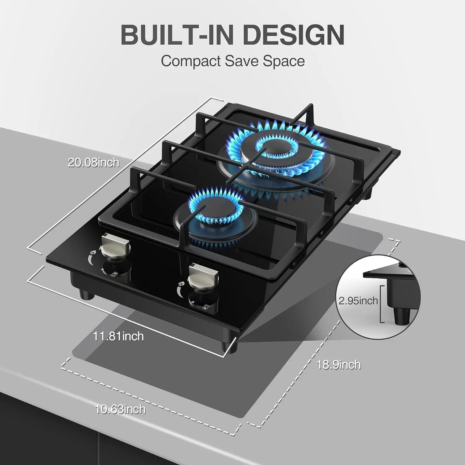 Cooktop 2 Burner, NG/LPG Dual Fuel Gas Stove Top, Built-in Gas Cooker with Thermocouple Protection,Tempered Glass Propane Co