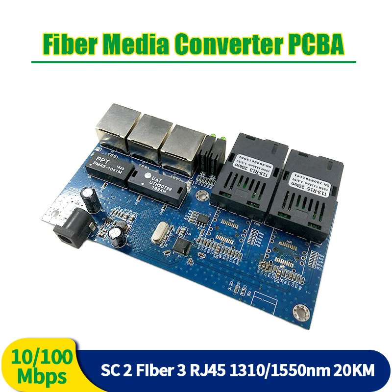 10/100MBPS 2 SC fiber and 3 RJ45 PCBA Fast Ethernet switch Converter 20KM  Fiber Optical Media Converter PCBA wdm tx 1550 20km 100mbps sfp fiber transceiver 40 to 75c