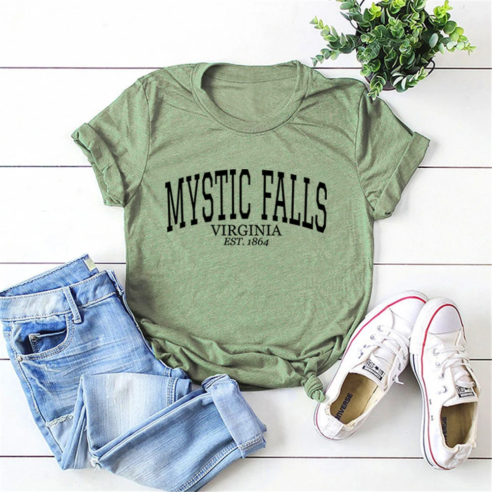 Tous Les Secrets De Mystic Falls T shirt de série télévisée, journal des Vampire, Mystic cascades, chemise  Est.1864, sweat Shirt des frères victor et Damon | AliExpress