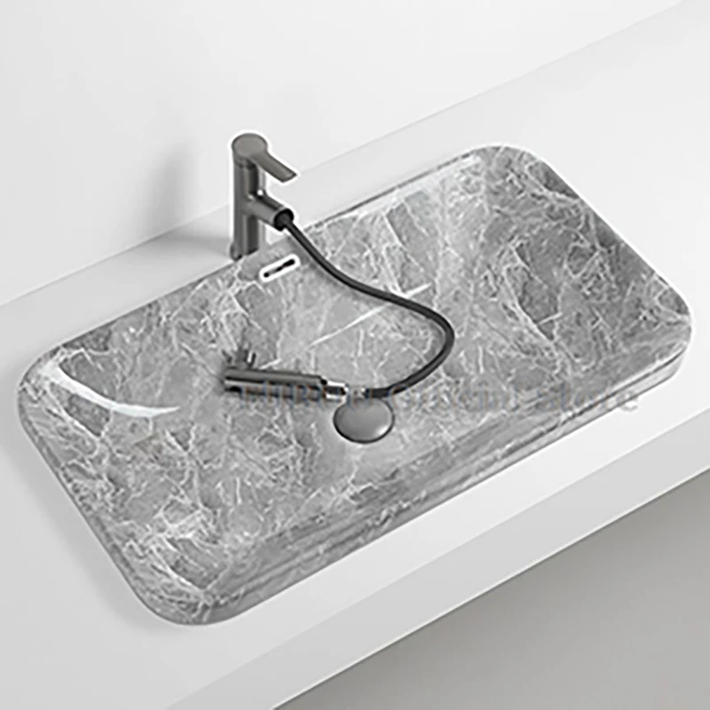 อ่างล้างมือเซรามิกแบบกึ่งฝังสำหรับห้องน้ำอ่างล้างมือแบบหินสีเทาอ่างล้างหน้าในครัวเรือน 1