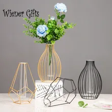 Nordic Simple Golden Glass Vase Hydroponic Plant Flower Vase Iron Geometric Glass Test Tube Metal Plant Holder Modern Home Decor