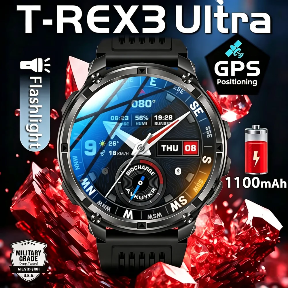 2026 T-Rex3 Ultra 1100mAh Battery 170+Sport Fitness LED Flashlight IP68 Waterproof Bluetooth call GPS track Smartwatch Compass 1