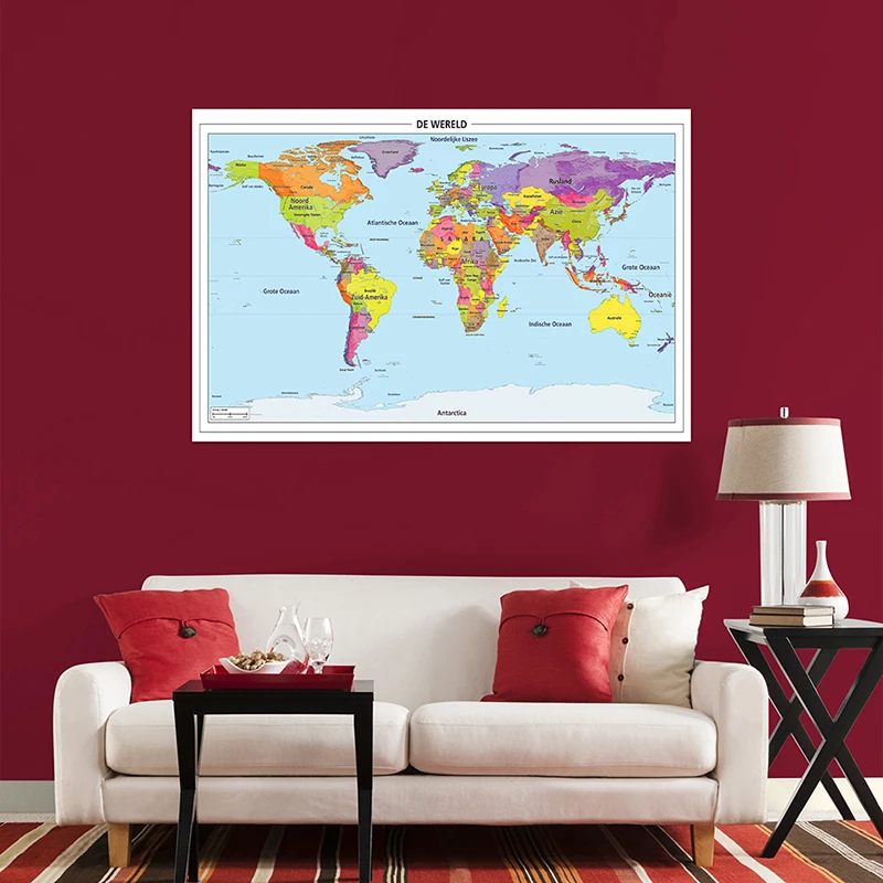 150*100cm Map of The World In Dutch Detailed Poster Non-woven Canvas Wall Art Picture Office Home Decoration School Supplies