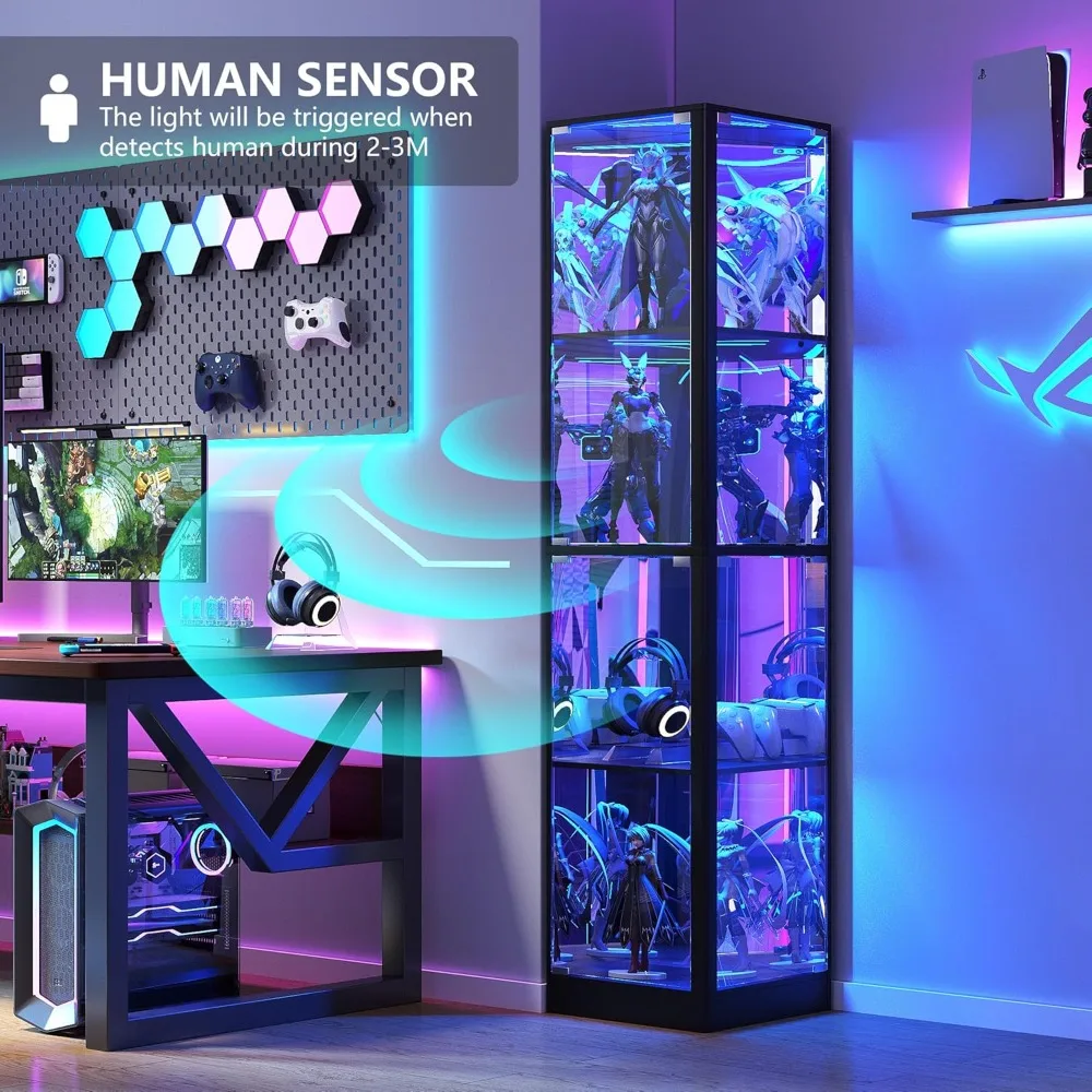 display cabinet with glass doors, 68" corner curio cabinets with led lights, 4-tier glass display case for collectibles/toys/boo