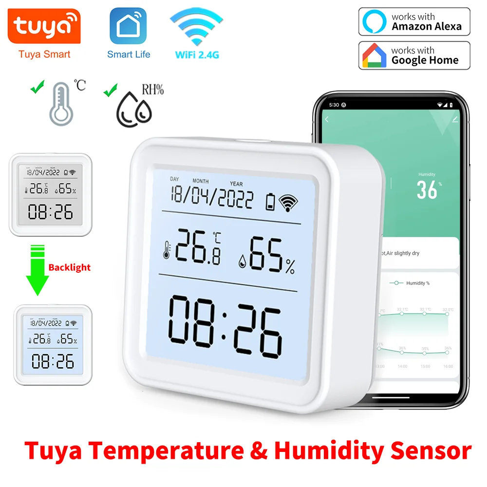 Temperature Humidity Sensor Temperature Humidity Meter Tuya WIFI Smart Backlight Support Alexa Google Assistant