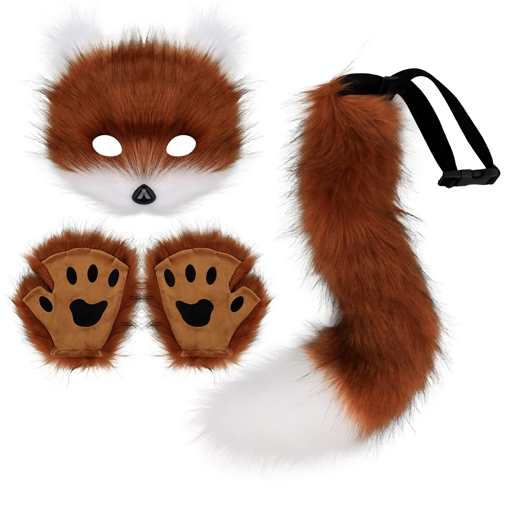 Costume party set simulated fox animal mask gloves plush fox tail hand tail costume props accessories children adult toys