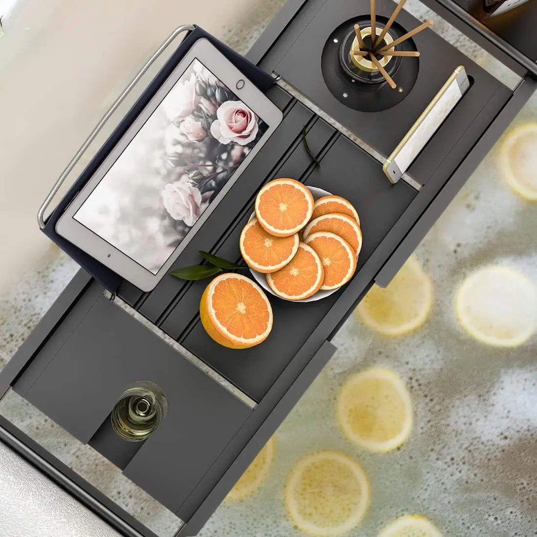 NEW Bamboo Adjustable Organizer Tray for Bathroom with Free Soap Dish Suitable for Luxury Spa or Reading(Black)