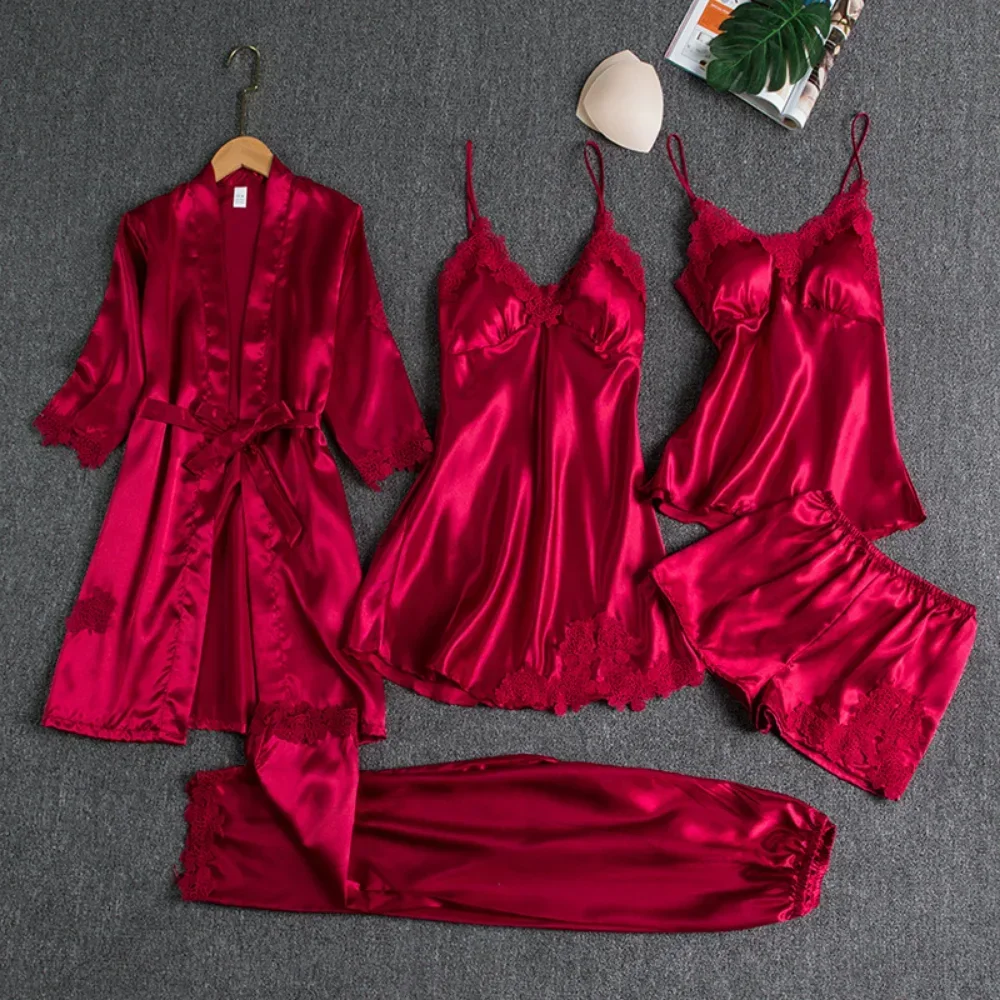 2024 New Pajamas Women Summer Ice Silk Sexy Hot Adult Spring and Autumn Long-sleeved Ladies Nightgown 5-piece Multi-color Set