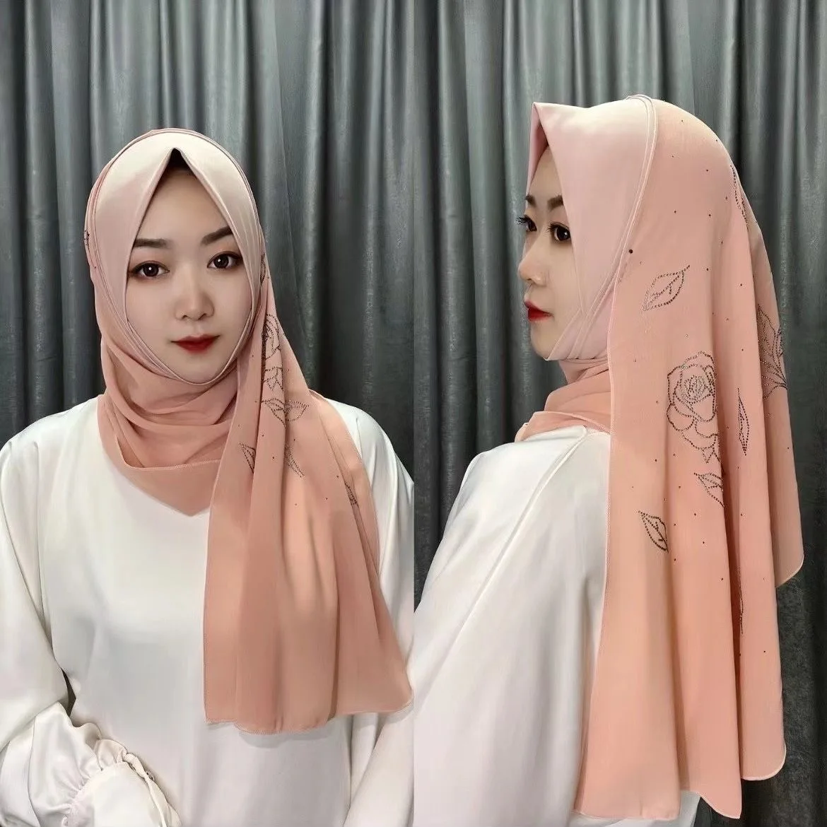 

New Arrivals Diamonds Rose Muslim Sweet Girls Wraps Hijabs